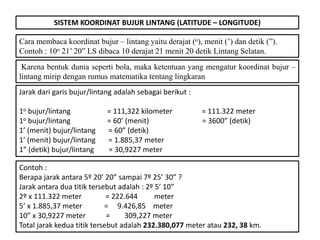 SISTEM KOORDINAT BUJUR LINTANG (LATITUDE – LONGITUDE)
Cara membaca koordinat bujur – lintang yaitu derajat (o), menit (’) dan detik (”).
Contoh : 10o 21’ 20” LS dibaca 10 derajat 21 menit 20 detik Lintang Selatan.
Karena bentuk dunia seperti bola, maka ketentuan yang mengatur koordinat bujur –
lintang mirip dengan rumus matematika tentang lingkaran
Jarak dari garis bujur/lintang adalah sebagai berikut :
1o bujur/lintang = 111,322 kilometer = 111.322 meter
1o bujur/lintang = 60’ (menit) = 3600” (detik)
1’ (menit) bujur/lintang = 60” (detik)
1’ (menit) bujur/lintang = 1.885,37 meter
1” (detik) bujur/lintang = 30,9227 meter
Contoh :
Berapa jarak antara 5º 20’ 20” sampai 7º 25’ 30” ?
Jarak antara dua titik tersebut adalah : 2º 5’ 10”
2º x 111.322 meter = 222.644 meter
5’ x 1.885,37 meter = 9.426,85 meter
10” x 30,9227 meter = 309,227 meter
Total jarak kedua titik tersebut adalah 232.380,077 meter atau 232, 38 km.
 