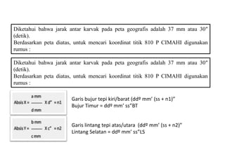 Diketahui bahwa jarak antar karvak pada peta geografis adalah 37 mm atau 30″
(detik).
Berdasarkan peta diatas, untuk mencari koordinat titik 810 P CIMAHI digunakan
rumus :
Diketahui bahwa jarak antar karvak pada peta geografis adalah 37 mm atau 30″
(detik).
Berdasarkan peta diatas, untuk mencari koordinat titik 810 P CIMAHI digunakan
rumus :
Garis bujur tepi kiri/barat (ddº mm’ (ss + n1)”
Bujur Timur = ddº mm’ ss”BT
Garis lintang tepi atas/utara (ddº mm’ (ss + n2)”
Lintang Selatan = ddº mm’ ss”LS
 