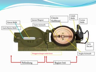 Celah
                                                      Cincin             Bidik
                            Jarum Magnet                                          Lensa
                                                      Kalibrasi
     Kawat Bidik                                                                  Bidik
                                Garis Azimuth
Garis Bantu Bidik




                                                                                          Cicin
                                                                                          Ibu Jari


                            Penggaris dengan sudut lurus                         Angka Azimuth



                    Pelindung                              Bagian Inti
 