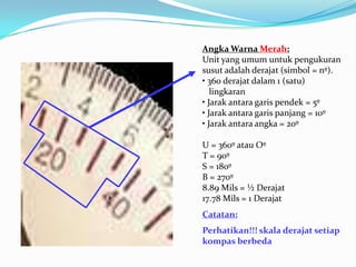 Angka Warna Merah:
Unit yang umum untuk pengukuran
susut adalah derajat (simbol = nº).
• 360 derajat dalam 1 (satu)
   lingkaran
• Jarak antara garis pendek = 5º
• Jarak antara garis panjang = 10º
• Jarak antara angka = 20º

U = 360º atau Oº
T = 90º
S = 180º
B = 270º
8.89 Mils = ½ Derajat
17.78 Mils = 1 Derajat
Catatan:
Perhatikan!!! skala derajat setiap
kompas berbeda
 