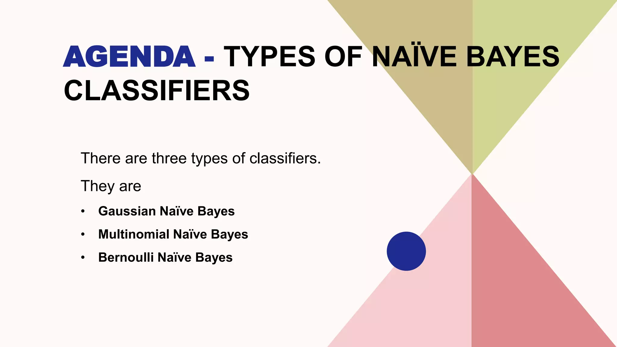 AGENDA - TYPES OF NAÏVE BAYES
CLASSIFIERS
There are three types of classifiers.
They are
• Gaussian Naïve Bayes
• Multinomial Naïve Bayes
• Bernoulli Naïve Bayes
 