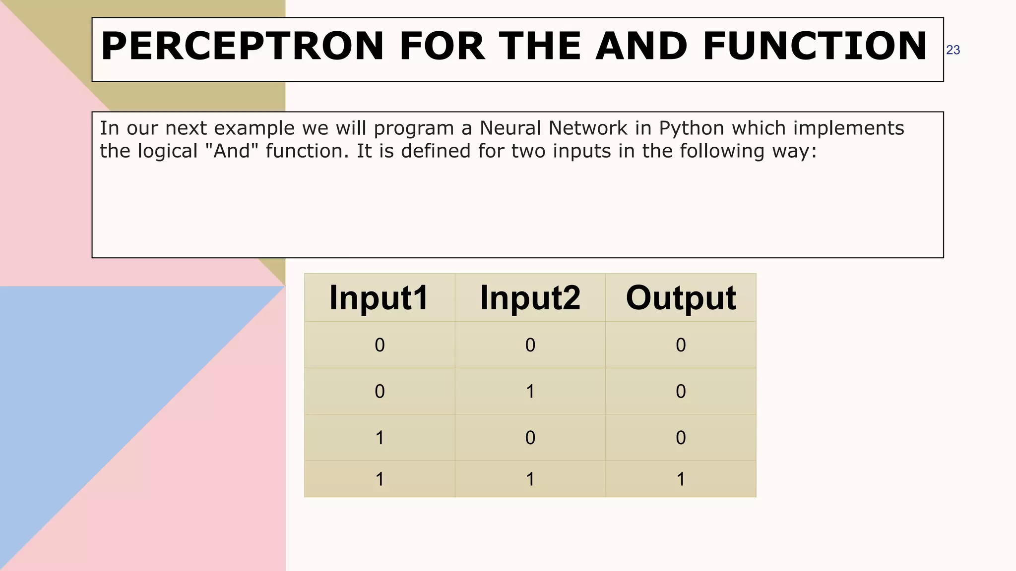 PERCEPTRON FOR THE AND FUNCTION
Input1 Input2 Output
0 0 0
0 1 0
1 0 0
1 1 1
23
In our next example we will program a Neural Network in Python which implements
the logical "And" function. It is defined for two inputs in the following way:
 
