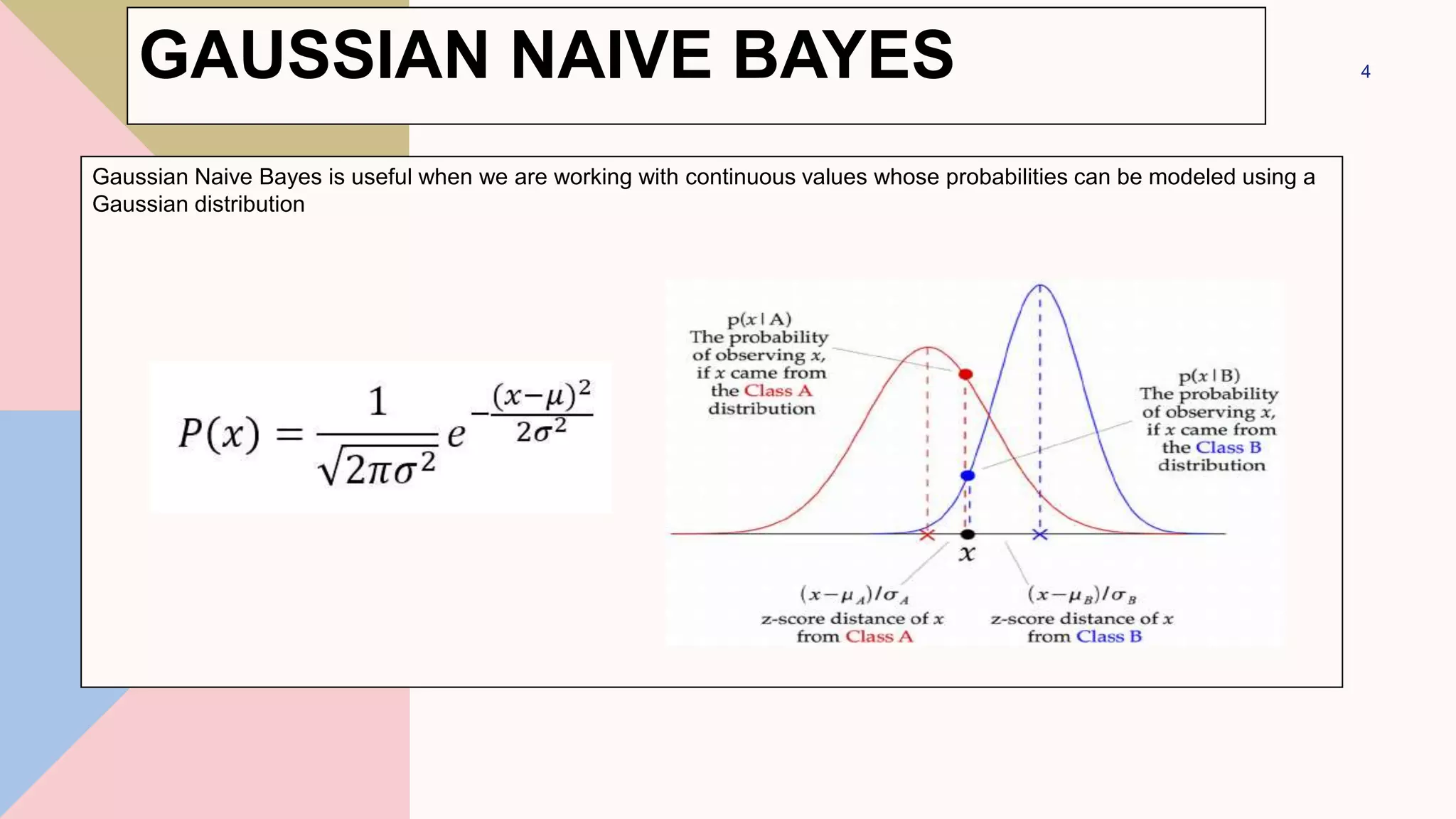 GAUSSIAN NAIVE BAYES
Gaussian Naive Bayes is useful when we are working with continuous values whose probabilities can be modeled using a
Gaussian distribution
4
 