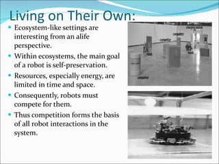 Living on Their Own: Ecosystem-like settings are interesting from an alife perspective. Within ecosystems, the main goal of a robot is self-preservation. Resources, especially energy, are limited in time and space. Consequently, robots must compete for them. Thus competition forms the basis of all robot interactions in the system. 