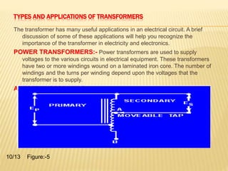 TYPES AND APPLICATIONS OF TRANSFORMERS 
The transformer has many useful applications in an electrical circuit. A brief 
discussion of some of these applications will help you recognize the 
importance of the transformer in electricity and electronics. 
POWER TRANSFORMERS:- Power transformers are used to supply 
voltages to the various circuits in electrical equipment. These transformers 
have two or more windings wound on a laminated iron core. The number of 
windings and the turns per winding depend upon the voltages that the 
transformer is to supply. 
AUTOTRANSFORMERS:- Figure (5) is a schematic diagram of an 
autotransformer. 
10/13 Figure:-5 
 