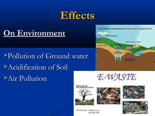EffectsEffects
On EnvironmentOn Environment
Pollution of Ground waterPollution of Ground water
Acidification of SoilAcidification of Soil
Air PollutionAir Pollution
 