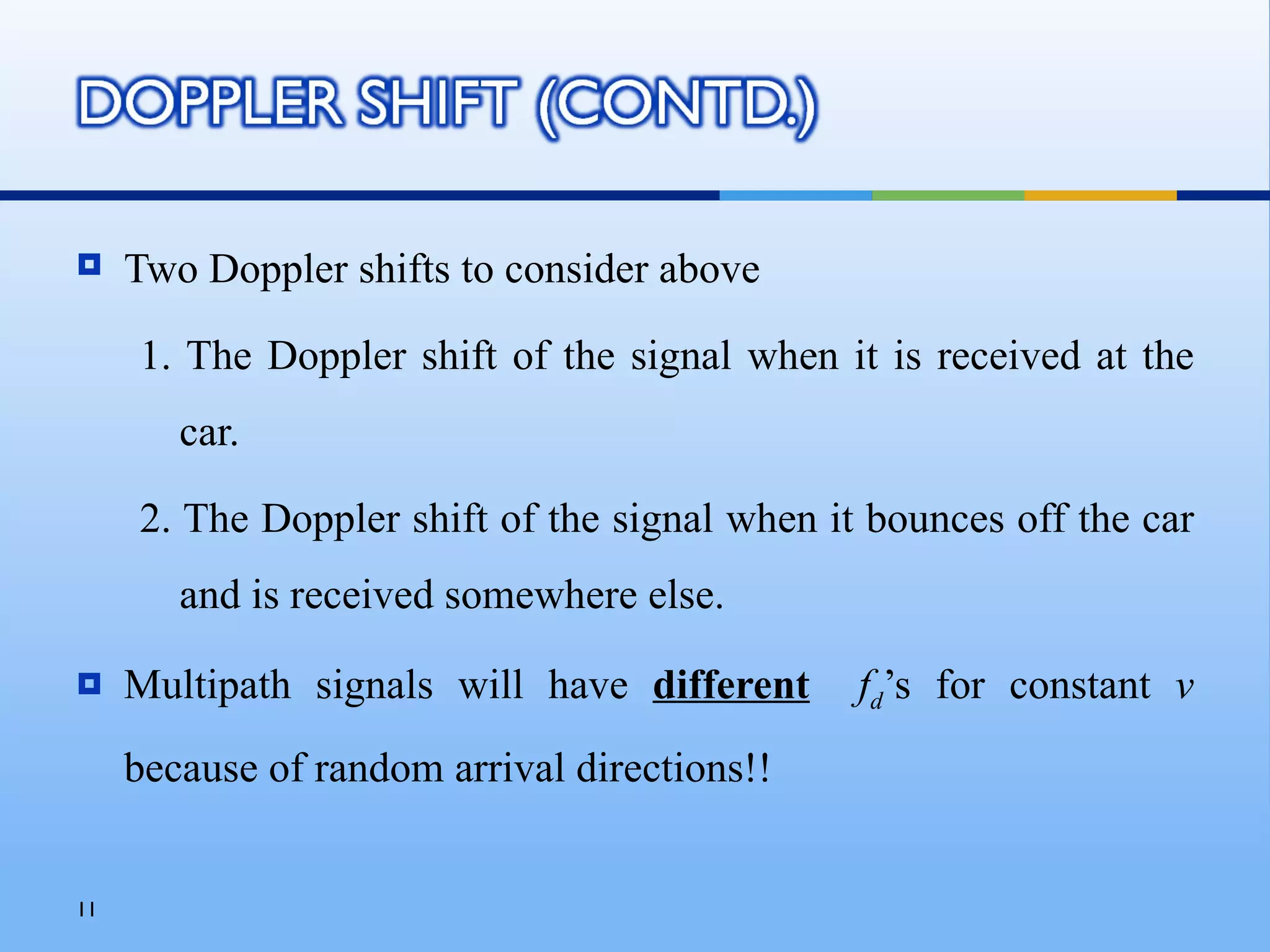     Two Doppler shifts to consider above

     1. The Doppler shift of the signal when it is received at the
        car.

     2. The Doppler shift of the signal when it bounces off the car
        and is received somewhere else.

    Multipath signals will have different     fd’s for constant v
     because of random arrival directions!!


11
 