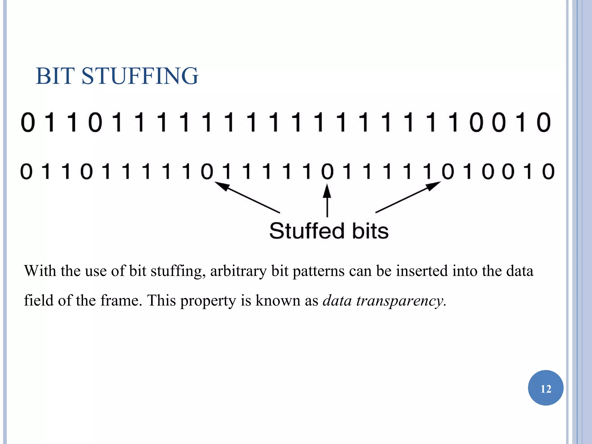 BIT STUFFING




With the use of bit stuffing, arbitrary bit patterns can be inserted into the data
field of the frame. This property is known as data transparency.




                                                                                     12
 