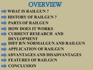 WHAT IS RAILGUN ?
HISTORY OF RAILGUN ?
PARTS OF RAILGUN
HOW DOES IT WORKS
CURRENT RESEARCH AND
DEVLOPMENT
DIFF B/N NORMALGUN AND RAILGUN
APPLICATION OF RAILGUN
ADVANTAGES AND DISADVANTAGES
FEATURES OF RAILGUN
CONCLUSION
 