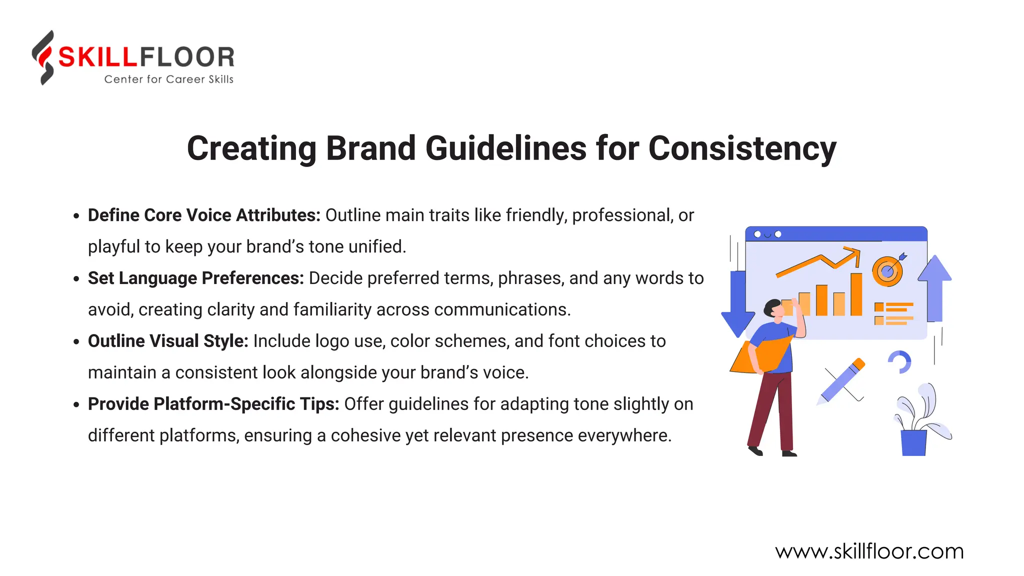 Define Core Voice Attributes: Outline main traits like friendly, professional, or
playful to keep your brand’s tone unified.
Set Language Preferences: Decide preferred terms, phrases, and any words to
avoid, creating clarity and familiarity across communications.
Outline Visual Style: Include logo use, color schemes, and font choices to
maintain a consistent look alongside your brand’s voice.
Provide Platform-Specific Tips: Offer guidelines for adapting tone slightly on
different platforms, ensuring a cohesive yet relevant presence everywhere.
Creating Brand Guidelines for Consistency
www.skillfloor.com
 