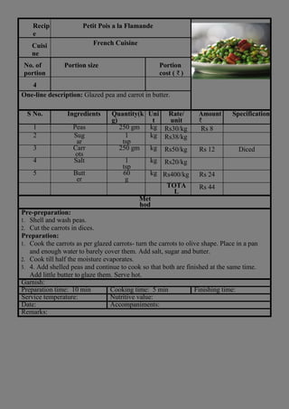 Recip
e
Petit Pois a la Flamande
Cuisi
ne
French Cuisine
No. of
portion
Portion size Portion
cost ( ₹ )
4
One-line description: Glazed pea and carrot in butter.
S No. Ingredients Quantity(k
g)
Uni
t
Rate/
unit
Amount
₹
Specification
1 Peas 250 gm kg Rs30/kg Rs 8
2 Sug
ar
1
tsp
kg Rs38/kg
3 Carr
ots
250 gm kg Rs50/kg Rs 12 Diced
4 Salt 1
tsp
kg Rs20/kg
5 Butt
er
60
g
kg Rs400/kg Rs 24
TOTA
L
Rs 44
Met
hod
Pre-preparation:
1. Shell and wash peas.
2. Cut the carrots in dices.
Preparation:
1. Cook the carrots as per glazed carrots- turn the carrots to olive shape. Place in a pan
and enough water to barely cover them. Add salt, sugar and butter.
2. Cook till half the moisture evaporates.
3. 4. Add shelled peas and continue to cook so that both are finished at the same time.
Add little butter to glaze them. Serve hot.
Garnish:
Preparation time: 10 min Cooking time: 5 min Finishing time:
Service temperature: Nutritive value:
Date: Accompaniments:
Remarks:
 