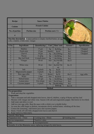 Recipe Sauce Paloise
Cuisine French Cuisine
No. of portion Portion size Portion cost ( ₹ )
4
One-line description: A sauce paloise is simply clarified butter, an egg
yolk, a shallot, a little mint, vinegar.
S No. Ingredients Quantity(kg) Unit Rate/ unit Amount ₹ Specification
1 Shallots 15 gm kg Rs50/kg Rs 1 Chopped
2 Fresh mint 15 gm bunch Rs10 Rs1 Chopped
3 Chervil 10 gm kg Rs2200/kg Rs3 Chopped
4 Thyme A sprig kg Rs500/kg Rs3
5 Bay leaf fresh A small piece kg Rs350/kg Rs2
6 Vinegar 50 ml liter Rs150/500
ml
Rs15
7 White wine 50 ml liter Rs520/750
ml
Rs 35
8 Salt A pinch kg Rs20 -
9 Mignonenette pepper A pinch kg Rs950 -
10 Raw egg yolks 2 no dozen Rs70 Rs12 Egg yolks
11 Water 1 tbsp liter Rs20/lit -
12 Melted butter 125 gm kg Rs400/kg Rs44
13 Lemon juice Few drops nos Rs10/3nos Rs1
14 Cayenne pepper A pinch kg Rs400/400g Rs1
TOTAL Rs118
Method
Pre-preparation:
1. Wash and chop the vegetables.
Preparation:
2. Take a saucepan and add chopped mint leaves, chervil, shallots, a sprig of thyme and bay leaf.
3. Moisten with vinegar and white wine. Season with salt and mignonette pepper. Boil down to two-third.
4. Add water and allow to cool.
5. Add two raw egg yolks. Beat the sauce with a whisk over a double boiler.
6. As soon the yolks begin to thicken, incorporate slowly melted butter, whisking all the time.
7. Correct the seasoning. Add lemon juice and cayenne pepper.
8. Strain. Finish off with little chopped mint leaves and chervil.
9. Keep warm in a bain-marie.
Garnish: Mint Sprig.
Preparation time: 15min Cooking time: 45min Finishing time:
Service temperature: Nutritive value:
Date: Accompaniments:
Remarks: It is like Béarnaise sauce, replacing tarragon by mint leaves.
 