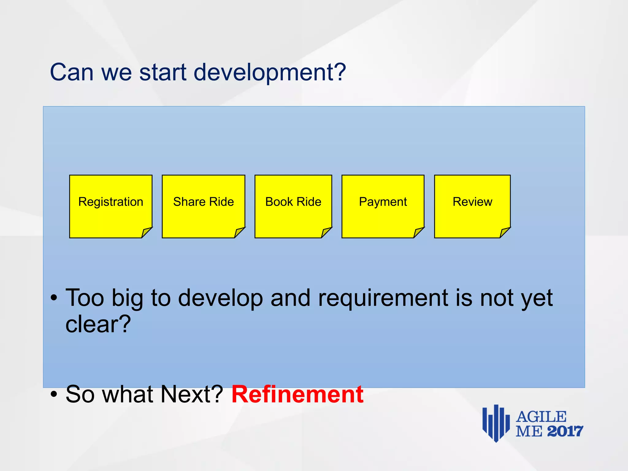 Can we start development?
• Too big to develop and requirement is not yet
clear?
• So what Next? Refinement
Registration Share Ride Book Ride Payment Review
 