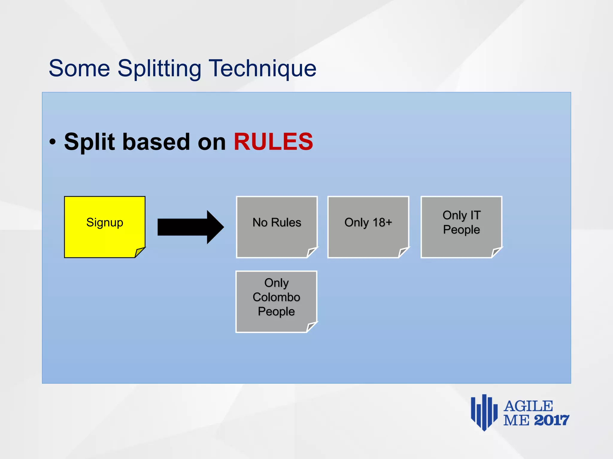 Some Splitting Technique
• Split based on RULES
Signup No Rules Only 18+
Only IT
People
Only
Colombo
People
 