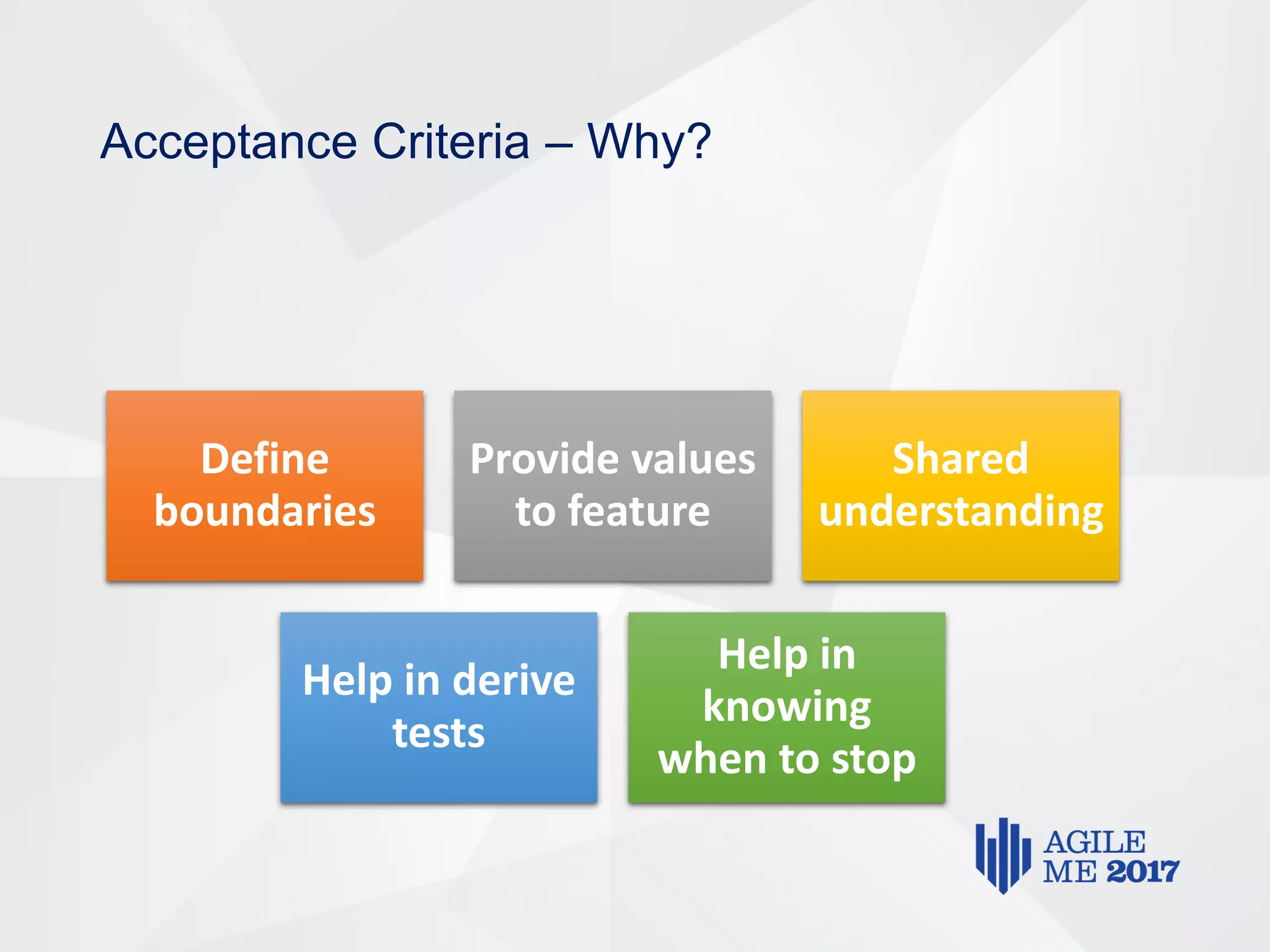 Acceptance Criteria – Why?
Define
boundaries
Provide values
to feature
Shared
understanding
Help in derive
tests
Help in
knowing
when to stop
 