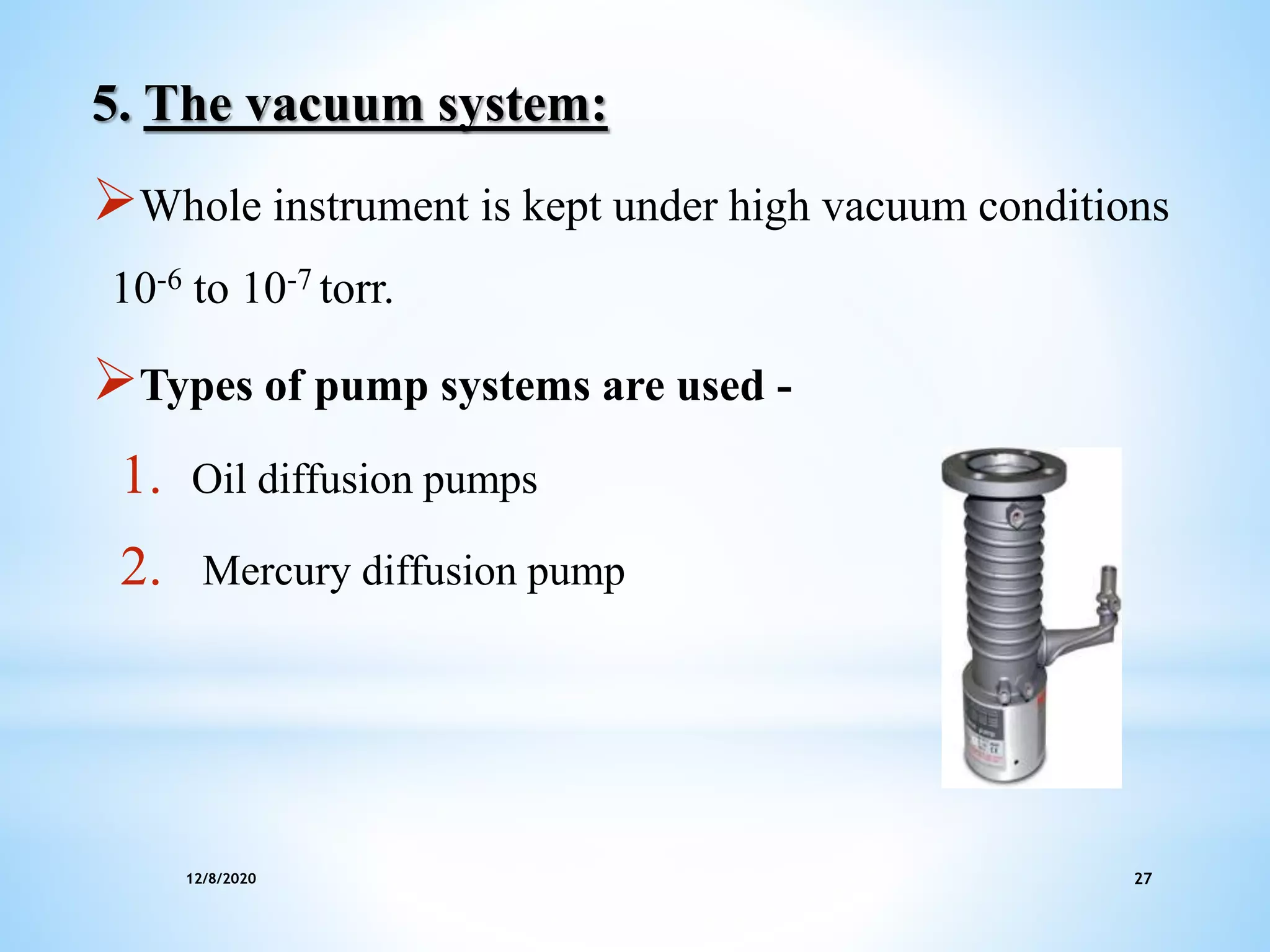 12/8/2020 27
5. The vacuum system:
Whole instrument is kept under high vacuum conditions
10-6 to 10-7 torr.
Types of pump systems are used -
1. Oil diffusion pumps
2. Mercury diffusion pump
 