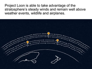 Project Loon is able to take advantage of the
stratosphere’s steady winds and remain well above
weather events, wildlife and airplanes.
 