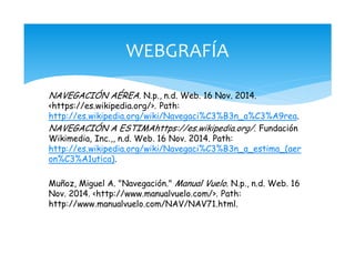 NAVEGACIÓN AÉREA. N.p., n.d. Web. 16 Nov. 2014.
<https://es.wikipedia.org/>. Path:
http://es.wikipedia.org/wiki/Navegaci%C3%B3n_a%C3%A9rea.
NAVEGACIÓN A ESTIMAhttps://es.wikipedia.org/. Fundación
Wikimedia, Inc.,, n.d. Web. 16 Nov. 2014. Path:
http://es.wikipedia.org/wiki/Navegaci%C3%B3n_a_estima_(aer
on%C3%A1utica).
Muñoz, Miguel A. "Navegación." Manual Vuelo. N.p., n.d. Web. 16
Nov. 2014. <http://www.manualvuelo.com/>. Path:
http://www.manualvuelo.com/NAV/NAV71.html.
WEBGRAFÍA
 