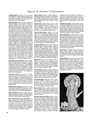 Algunos de Nuestros Colaboradores
     Yolanda Aguirre. Monterrey, 1975. Licenciada                Ileana Garma. Mérida, Yucatán (1985). Ha                    Coautora junto con 344 poetas de 20 países de La
     en sociología por la UANL. Dirigió la revista feminista     publicado Itinerario del agonizante (2005). Becaria         mujer rota. (Literalia editores, México, 2008), en
     independiente La manzana. Fue becaria del Centro            de la SOGEM. Mención de Honor y Ganadora del                homenaje al centenario del natalicio de Simone de
     de Escritores de Nuevo León durante 2007. Ha                Premio Estatal de Poesía Joven Jorge Lara (2004 y           Beauvoir, Incluida en Del silencio a la luz: Mapa
     publicado el poemario Menguante.                            2005, respectivamente). Premio Estatal de Poesía            poético de México Poetas nacidos en el periodo 1960-
                                                                 José Díaz Bolio.                                            1989.
     Carlos Aguasaco. Bogotá, (1975). Profesional en
     Estudios Literarios de la Universidad Nacional de           Patricia Garma. Mérida, Yucatán (1975). Premio              Angélica Santa Olaya. Ciudad de México (1962).
     Colombia. Radicado desde 1999 en la ciudad de               estatal de poesía convocado por el ISSTEY y el ICY          Licenciada en Periodismo y Comunicación Colectiva
     Nueva York donde dirigió el programa radial "Poeta          (1997). Integrante del CYE. Es redactora de las             por la ENEP Acatlán, UNAM. Primer lugar en dos
     en Nueva York (Homenaje a Federico García Lorca)".          secciones Imagen y Espectáculos del Diario de               concursos de cuento breve e infantil en México (1981
     Con maestría en literatura Latinoamericana en el            Yucatán. En 2004 recibió una beca nacional de               y 2004). Autora de los poemarios "Habitar el tiempo"
     City College de CUNY. En la actualidad termina el           periodismo en la Universidad Iberoamericana.                y "Dedos de agua" editados por Tintanueva Ediciones.
     doctorado en la universidad de Stony Brook SUNY.                                                                        Egresada de la Escuela de Escritores de la Sociedad
     En el otoño de 2002 The Simon H. Rifkind Center             Saulo de Rode Garma. Mérida, Yuc. (1958)                    General de Escritores de México (SOGEM).
     For The Humanities & The Arts le otorgó un Blanche          Licenciado en Lingüística y Literatura por la Univ.
     Mason Starweather Student Award por su proyecto             Autón. de Yuc.. Ha publicado Sílaba nocturna del            Judith Santopietro. Córdoba, Veracruz, (1983).
     "Four Discoveries of America in William Ospina's El         alma para no olvidar el instante (Ediciones Presagios,      Poeta, editora y promotora cultural de las lenguas
     pais del viento". En enero de 2003 fue publicado su         2000) y Círculos de sangre (Inst. de Cult. De Yuc.,         originarias de México. Actualmente es directora de
     libro Conversando con el Ángel (poemas). Es coautor         2005). Obtuvo el Primer Lugar en el certamen estatal        Radio Nómada y Revista Iguanazul: literatura en
     de una serie de Español y literatura para el bachillerato   de poesía “José Díaz Bolio” en 2004 y recibió el            lenguas originarias. Ha publicado la plaquettes
     titulada Competencias y desempeños Vols. I a VI             Premio Nacional de Poesía Experimental Raúl Renán           individuales Raíz de Vuelo (Editorial El Barco Ebrio,
     (2000) y coeditor de las antologías Encuentro 10            en la Bienal Literaria de Yucatán 2004-2005.                Nueva York- Homo Scriptum), EE UU/2008 y Se
     poetas latinoamericanos en USA (2003), Narraciones                                                                      incendia la palabra (Instituto Municipal de Arte y
                                                                 Jorge Lara Rivera. Mérida, Yucatán, (1961). Ha              Cultura del Ayuntamiento de Puebla IMACP),
     sin Frontera 27 cuentistas hispanoamericanos (2004)         publicado los libros “Defensa del Adiós” y “Fundación
     y Ensayos sin frontera -Estudios sobre narrativa                                                                        México/2008; en el Anuario de poesía mexicana 2006,
                                                                 del Alba” (1989), “El sueño” (1990), “Sostener la           Fondo de Cultura Económica.
     hispanoamericana (2005). Una muestra de su trabajo          luz” (1991), “Fosforescencias” (1992). “Ronda del
     como traductor y poeta fue incluida en la antología         sol girante” (Ed. La tinta del Alcatráz, Edo. de México),   Oscar Sauri. Cansahcab (1958). Licenciado en
     bilingüe Red Hot Salsa: Bilingual Poems on Being            y Los encendidos flancos del éter (2007). En 1988 y         derecho. Poeta y ensayista. Secretario del Centro
     Young and Latino in the United States editada por           1989 recibió el Premio Estatal de Literatura en Cuento      Yucateco de Escritores, A.C. Premio Estatal de
     Lori Marie Carlson (2005). Desde el 2005 dirige el          y Poesía, respectivamente; en 1990, le fue conferido        Literatura Clemente López Trujillo para poesía (1996).
     portal de poesía www.artepoetica.com y edita la             el Premio Especial de Literatura Antonio Mediz Bolio        Ha publicado los poemarios Poéticas, Erótica y Otras
     revista de poesía El Barco Ebrio. En la actualidad          que otorga el Gobierno del Estado de Yucatán. En            Lluvias.
     enseña en el Departamento de estudios                       1997 le fue concedida la Medalla al Mérito Artístico.
     interdisciplinarios en The City College of CUNY.                                                                        Ramón Villegas. Es Licenciado en Ciencias y Artes.
                                                                 Gilda Manso. Buenos Aires, Argentina, 1983. Es              Diseño de la Comunicación grafica UAM, con una
     Fernando de la Cruz Herrera. Mérida, Yucatán                escritora y periodista. Se desempeñó como                   Maestría en Artes Visuales. ENAP, San Carlos,
     (1971). Miembro del Centro Yucateco de Escritores.          redactora, correctora y cronista en medios gráficos y       UNAM. 1981-1986. En el año 2000 recibió la Mención
     Máster en Español (Literatura Hispánica y Lingüística       digitales. Publicó "Primitivo ramo de orquídeas"            honorífica en el concurso en el 10ª Catálogo de
     Aplicada) por Ohio University; Lic. en Humanidades          (Libros En Red, 2008), su primer libro de cuentos, y        ilustradores de publicaciones infantiles y juveniles,
     y Filosofía. Es profesor en la Escuela de Creación          su relato "Sombras chinescas" integra la antología          organizado por el CNCA. En 2004 obtuvo el 3er
     Literaria del Centro Estatal de Bellas Artes. En poesía     "Ronda de cuentos" (Dunken, 2008).                          lugar en el concurso para el 15ª Catálogo de
     ha obtenido dos premios nacionales y uno estatal.                                                                       ilustradores de publicaciones infantiles y juveniles,
     Coordina las lecturas semanales de poesía con               Carlos Martín. Mérida, Yucatán, (1966). Ha                  organizado por el CNCA.
     micrófono abierto “Café Poesía”, con el respaldo del        publicado Después del aguacero (2000), Silencio de
     CYEAC y de JKPublishing.                                    polvo (2001), Al final de la vigilia (2003 y 2006) y
                                                                 Los mártires del Freeway y otras historias (Ficticia–
     Eloísa De la Parra. Monterrey, N.L, (1980).                 ICY 2006). Premio Nacional de cuento Beatriz Espejo
     Licenciada en Letras Españolas por el Tec de                (2003) y Primer Lugar de cuento en los terceros
     Monterrey. Trabajó como maestra de literatura en            juegos literarios nacionales de la UADY (2004).
     Irapuato, Guanajuato. Recientemente terminó una
     maestría en Creación Literaria en la Universidad de         María Montelongo. Nuevo León, 1982. Licenciada
     Texas en El Paso, de donde se graduó con honores            en Letras Españolas. Colaboró en el Habla de
     con su tesis de poesía. Ha publicado ensayos,               Monterrey con un proyecto apoyado por el
     crónicas y poemas en diversas revistas de México y          CONACYT. Algunos de sus textos se han publicado
     Estados Unidos.                                             en Letralia, Posdata, El Anuario de humanitas de la
                                                                 UANL, Letras Regias, entre otras revistas.
     Maritza Duarte Alcántara. México D.F., (1980).
     Licenciada en Comunicación Medios Masivos por la            Mario Pineda. Mérida, Yucatán (1986). Estudia
     Universidad Autónoma de Aguascalientes. Jefa de             en la Universidad Modelo. Mención de honor en la
     Redacción para la Revista Opción Aguascalientes.            categoría 16 a 19 años del Premio Estatal de Poesía
                                                                 Joven Jorge Lara Rivera (2004), y ganador de este
     Adán Echeverría. Mérida, Yucatán (1975). Ha                 mismo premio en 2006. Participa en la Catarsis
     publicado los poemarios El ropero del suicida (2002),       Literaria El Drenaje
     Delirios de hombre ave (2004) y Xenankó (2005) y
     el libro de cuentos Fuga de memorias (2006).                Ana Edith Sánchez Sánchez (Apizaco, Tlaxcala,
                                                                 1970). Lic. en Literatura Hispanoamericana por la
     Raúl Moarquech Ferrera-Balanquet. La                        UAT. Becaria del Foecat en 2000 y 2002 en jóvenes
     Habana, Cuba (1958). Artista transdisciplinario,            creadores. Premio estatal de poesía “Dolores Castro”
     escritor, académico y curador de arte. En1992 recibió       2002, con Los alacranes no besan (ITC, 2003).
     un MFA en Multimedia y Video Arte de la                     Dimensión fugaz (Tierra Adentro, 2004). Ensayo:
     Universidad de Iowa. Ha publicado en Biblia,                “Abracadabra” en Dos escritores secretos, ensayos
     Portugal; la revista electrónica Net Art Review; la         sobre Efrén Hernández y Francisco Tario, compilador
     antología Litoral del Relámpago, (2003). Integrante         Alejandro Toledo, (Tierra Adentro. No. 315. 2006).
     del Centro Yucateco de Escritores A.C. Catedrático          Antologada en Círculo de poesía 7, Montevideo,
     en la Escuela Superior de Artes de Yucatán.                 Uruguay, (Bianchi 2006), y en Ayer el futuro era
                                                                 hoy. Muestra de poesía de Tlaxcala (ITC 2007).

56
 