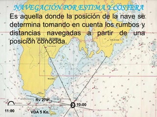 NAVEGACIÓN COSTERA
Rv 270º
10:00
VDA 5 Kn11:00
Es aquella donde la posición de la nave se
determina tomando en cuenta los rumbos y
distancias navegadas a partir de una
posición conocida.
NAVEGACIÓN POR ESTIMA Y COSTERA
 