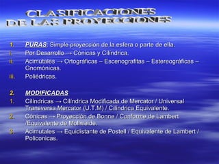 1.1. PURASPURAS: Simple proyección de la esfera o parte de ella.: Simple proyección de la esfera o parte de ella.
i.i. Por DesarrolloPor Desarrollo →→ Cónicas y Cilíndrica.Cónicas y Cilíndrica.
ii.ii. AcimutalesAcimutales →→ Ortográficas – Escenografitas – Estereográficas –Ortográficas – Escenografitas – Estereográficas –
Gnomónicas.Gnomónicas.
iii.iii. Poliédricas.Poliédricas.
2.2. MODIFICADASMODIFICADAS
1.1. CilíndricasCilíndricas →→ Cilíndrica Modificada de Mercator / UniversalCilíndrica Modificada de Mercator / Universal
Transversa Mercator (U.T.M) / Cilíndrica Equivalente.Transversa Mercator (U.T.M) / Cilíndrica Equivalente.
2.2. CónicasCónicas →→ Proyección de Bonne / Conforme de LambertProyección de Bonne / Conforme de Lambert
/Equivalente de Mollweide./Equivalente de Mollweide.
3.3. AcimutalesAcimutales →→ Equidistante de Postell / Equivalente de Lambert /Equidistante de Postell / Equivalente de Lambert /
Policonicas.Policonicas.
 