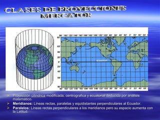  ProyecciónProyección cilíndricacilíndrica modificada, centrografica y ecuatorial deducida por análisismodificada, centrografica y ecuatorial deducida por análisis
matemático.matemático.
 Meridianos:Meridianos: Líneas rectas, paralelas y equidistantes perpendiculares al Ecuador.Líneas rectas, paralelas y equidistantes perpendiculares al Ecuador.
 Paralelos:Paralelos: Líneas rectas perpendiculares a los meridianos pero su espacio aumenta conLíneas rectas perpendiculares a los meridianos pero su espacio aumenta con
la Latitud.la Latitud.
 