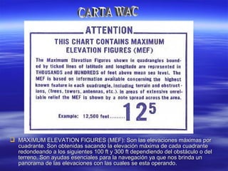  MAXIMUM ELEVATION FIGURES (MEF): Son las elevaciones máximas porMAXIMUM ELEVATION FIGURES (MEF): Son las elevaciones máximas por
cuadrante. Son obtenidas sacando la elevación máxima de cada cuadrantecuadrante. Son obtenidas sacando la elevación máxima de cada cuadrante
redondeando a los siguientes 100 ft y 300 ft dependiendo del obstáculo o delredondeando a los siguientes 100 ft y 300 ft dependiendo del obstáculo o del
terreno. Son ayudas esenciales para la navegación ya que nos brinda unterreno. Son ayudas esenciales para la navegación ya que nos brinda un
panorama de las elevaciones con las cuales se esta operando.panorama de las elevaciones con las cuales se esta operando.
 