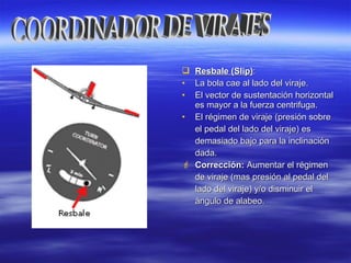  Resbale (Slip)Resbale (Slip)::
• La bola cae al lado del viraje.La bola cae al lado del viraje.
• El vector de sustentación horizontalEl vector de sustentación horizontal
es mayor a la fuerza centrifuga.es mayor a la fuerza centrifuga.
• El régimen de viraje (presión sobreEl régimen de viraje (presión sobre
el pedal del lado del viraje) esel pedal del lado del viraje) es
demasiado bajo para la inclinacióndemasiado bajo para la inclinación
dada.dada.
 Corrección:Corrección: Aumentar el régimenAumentar el régimen
de viraje (mas presión al pedal delde viraje (mas presión al pedal del
lado del viraje) y/o disminuir ellado del viraje) y/o disminuir el
ángulo de alabeo.ángulo de alabeo.
 
