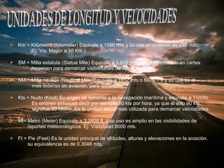  Km = Kilómetro (Kilometer) Equivale a 1000 mts y su uso en aviación es casi nulo.
(Ej: Vis. Mayor a 10 Km.)
 SM = Milla estatuta (Statue Mile) Equivale a 1.609 mts y es muy utilizado en cartas
Jeppesen para demarcar visibilidades de aproximación.
 NM = Milla náutica (Nautical Mile) Equivale a 1852 mts o 6076.1 ft y su uso es el
mas extenso en aviación, para distancias.
 Kts = Nudo (Knot) Su origen se remonta a la navegación marítima y equivale a 1nm/hr.
Es erróneo entonces decir por ejemplo 90 kts por hora, ya que el solo 90 kts,
significa 90 NM/hr. Es la unidad actual mas utilizada para demarcar velocidades.
 Mt= Metro (Meter) Equivale a 3.2808 ft, y su uso es amplio en las visibilidades de
reportes meteorológicos. Ej: Visibilidad 9000 mts.
 Ft = Pie (Feet) Es la unidad principal de altitudes, alturas y elevaciones en la aviación.
su equivalencia es de 0.3048 mts.
 