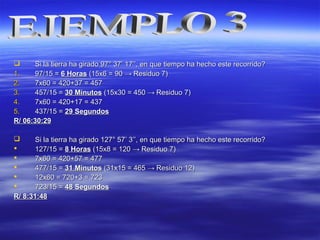  Si la tierra ha girado 97Si la tierra ha girado 97° 37° 37’ 17’’, en que tiempo ha hecho este recorrido?’ 17’’, en que tiempo ha hecho este recorrido?
1.1. 97/15 =97/15 = 6 Horas6 Horas (15x6 = 90(15x6 = 90 →→ Residuo 7)Residuo 7)
2.2. 7x60 = 420+37 = 4577x60 = 420+37 = 457
3.3. 457/15 =457/15 = 30 Minutos30 Minutos (15x30 = 450(15x30 = 450 →→ Residuo 7)Residuo 7)
4.4. 7x60 = 420+17 = 4377x60 = 420+17 = 437
5.5. 437/15 =437/15 = 29 Segundos29 Segundos
R/ 06:30:29R/ 06:30:29
 Si la tierra ha girado 127° 57Si la tierra ha girado 127° 57’ 3’’, en que tiempo ha hecho este recorrido?’ 3’’, en que tiempo ha hecho este recorrido?
 127/15 =127/15 = 8 Horas8 Horas (15x8 = 120(15x8 = 120 →→ Residuo 7)Residuo 7)
 7x60 = 420+57 = 4777x60 = 420+57 = 477
 477/15 =477/15 = 31 Minutos31 Minutos (31x15 = 465(31x15 = 465 →→ Residuo 12)Residuo 12)
 12x60 = 720+3 = 72312x60 = 720+3 = 723
 723/15 =723/15 = 48 Segundos48 Segundos
R/ 8:31:48R/ 8:31:48
 