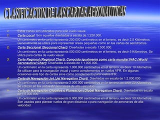 Estas cartas son utilizadas para solo vuelo visual.Estas cartas son utilizadas para solo vuelo visual.
1.1. Carta LocalCarta Local: Son aquellas diseñadas a escala de 1:250.000.: Son aquellas diseñadas a escala de 1:250.000.
Un centímetro en la carta representa 250.000 centímetros en el terreno, es decir 2.5 Kilómetros.Un centímetro en la carta representa 250.000 centímetros en el terreno, es decir 2.5 Kilómetros.
Generalmente se utiliza para representar áreas pequeñas como en las cartas de aeródromos.Generalmente se utiliza para representar áreas pequeñas como en las cartas de aeródromos.
2.2. Carta Seccional (Seccional Chart)Carta Seccional (Seccional Chart): Diseñadas a escala 1:500.000.: Diseñadas a escala 1:500.000.
Un centímetro en la carta representa 500.000 centímetros en el terreno, es decir 5 Kilómetros. SeUn centímetro en la carta representa 500.000 centímetros en el terreno, es decir 5 Kilómetros. Se
utiliza para cartas de vuelo visual.utiliza para cartas de vuelo visual.
3.3. Carta Regional (Regional Chart). Conocida igualmente como carta mundial WAC (WorldCarta Regional (Regional Chart). Conocida igualmente como carta mundial WAC (World
Aeronautical Chart)Aeronautical Chart): Diseñadas a escala de 1:1.000.000.: Diseñadas a escala de 1:1.000.000.
Un centímetro en la carta representa 1.000.000 centímetros en el terreno, es decir 10 Kilómetros.Un centímetro en la carta representa 1.000.000 centímetros en el terreno, es decir 10 Kilómetros.
Se utilizan para la navegación visual y como complementos en vuelos VFR. En algunasSe utilizan para la navegación visual y como complementos en vuelos VFR. En algunas
ocasiones este tipo de cartas sirve como complemento para vuelos IFR.ocasiones este tipo de cartas sirve como complemento para vuelos IFR.
4.4. Carta de Navegación Jet (Jet Navegation Chart)Carta de Navegación Jet (Jet Navegation Chart): Diseñadas en escala de 1:2.000.000.: Diseñadas en escala de 1:2.000.000.
Un centímetro en la carta representa 2.000.000 centímetros en le terreno, es decir 20 Kilómetros.Un centímetro en la carta representa 2.000.000 centímetros en le terreno, es decir 20 Kilómetros.
Se utilizan en las cartas de aeronaves de alta velocidad.Se utilizan en las cartas de aeronaves de alta velocidad.
 Carta de Navegación Globales o Planeacion (Global Navegation Chart)Carta de Navegación Globales o Planeacion (Global Navegation Chart): Diseñadas en escala: Diseñadas en escala
de 1:5.000.000.de 1:5.000.000.
Un centímetro en la carta representa 5.000.000 centímetros en el terreno, es decir 50 Kilómetros.Un centímetro en la carta representa 5.000.000 centímetros en el terreno, es decir 50 Kilómetros.
Son usadas para planear vuelos de gran distancia o para navegación de aeronaves de altaSon usadas para planear vuelos de gran distancia o para navegación de aeronaves de alta
velocidad.velocidad.
 