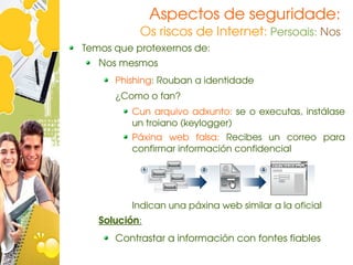 Aspectos de seguridade:
           Os riscos de Internet: Persoais: Nos
Temos que protexernos de:
   Nos mesmos
      Phishing: Rouban a identidade
      ¿Como o fan?
         Cun  arquivo  adxunto:  se  o  executas,  instálase 
         un troiano (keylogger)
         Páxina  web  falsa:  Recibes  un  correo  para 
         confirmar información confidencial




         Indican una páxina web similar a la oficial
   Solución:
      Contrastar a información con fontes fiables
 