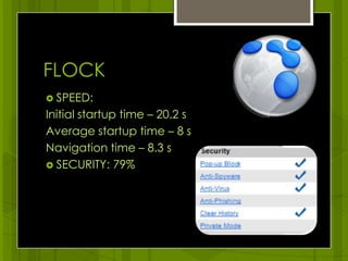 FLOCKSPEED:Initial startup time – 20.2 s Average startup time – 8 sNavigation time – 8.3 s SECURITY: 79%