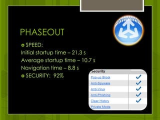 PHASEOUTSPEED: Initial startup time – 21.3 s Average startup time – 10.7 sNavigation time – 8.8 s SECURITY:  92%