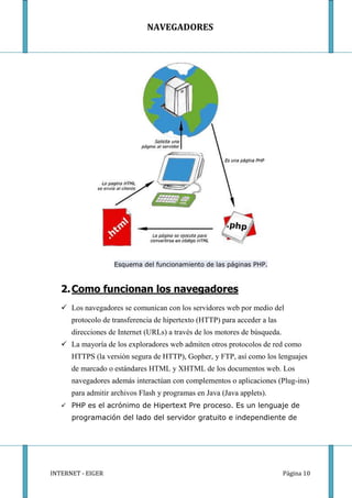 NAVEGADORES




                   Esquema del funcionamiento de las páginas PHP.



   2. Como funcionan los navegadores
    Los navegadores se comunican con los servidores web por medio del
      protocolo de transferencia de hipertexto (HTTP) para acceder a las
      direcciones de Internet (URLs) a través de los motores de búsqueda.
    La mayoría de los exploradores web admiten otros protocolos de red como
      HTTPS (la versión segura de HTTP), Gopher, y FTP, así como los lenguajes
      de marcado o estándares HTML y XHTML de los documentos web. Los
      navegadores además interactúan con complementos o aplicaciones (Plug-ins)
      para admitir archivos Flash y programas en Java (Java applets).
    PHP es el acrónimo de Hipertext Pre proceso. Es un lenguaje de
      programación del lado del servidor gratuito e independiente de




INTERNET - EIGER                                                            Página 10
 