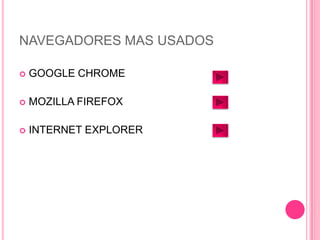 NAVEGADORES MAS USADOS

   GOOGLE CHROME

   MOZILLA FIREFOX

   INTERNET EXPLORER
 