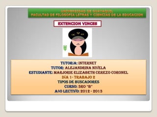 Tutoría: Internet
          Tutor: Alejandrina Nivela
Estudiante: Marjorie Elizabeth Cerezo Coronel
               Día 1- Trabajo 2
             TIPOS DE BUSCADORES
                 Curso: 3ro “B”
            Año Lectivo: 2012 - 2013
 