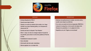 VENTAJAS
• Incluye etiquetas de HTML 5
• Soporte para bajar fuentes
• Opacity: con estos los diseños de las webs y los blogs
tendrán una mayor libertad gráfica, con transparencia
directa del CSS
• Sombra de texto: la etiqueta "Text-Shadow"
• Word - wrap: con esto se consigue mejorar el ajuste de
los párrafos, para evitar el corte de las palabras al final de
la linea
• Posibilidad de restaurar la sesión
• Gran velocidad
• Información del sitio web, instantánea
• Marcar paginas con un simple click
DESVENTAJAS
• Mientras mas aplicaciones le instales, mas lento será, y
puede causar algunos problemas.
• Si se cierra una sesión de forma inesperada, FIREFOX la
restaurá sin preguntar, sin dar opción de elegir entre
Restaurar tus pestañas o ir a tu página de inicio.
• Repetitivo error de "Pagina no encontrada"
 
