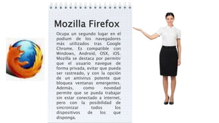 Mozilla Firefox
Ocupa un segundo lugar en el
podium de los navegadores
más utilizados tras Google
Chrome. Es compatible con
Windows, Android, OSX, iOS.
Mozilla se destaca por permitir
que el usuario navegue de
forma privada, evitar que pueda
ser rastreado, y con la opción
de un antivirus potente que
bloquea ventanas emergentes.
Además, como novedad
permite que se pueda trabajar
sin estar conectado a internet,
pero con la posibilidad de
sincronizar todos los
dispositivos de los que
disponga.
 