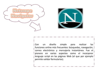 Con un diseño simple para realizar las
funciones online más frecuentes: búsquedas, navegación,
correo electrónico y mensajería instantánea. Fue el
pionero en varios aspectos como el incorporar
lenguaje script en las páginas Web (el que por ejemplo
permite validar formularios).
 