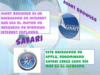 Avant Browser es un
navegador de internet
que usa el motor de
búsqueda de Windows
Internet Explorer.




                    Este navegador de
                    Apple, denominado
                    Safari crece cada día
                    más en el mercado.
 