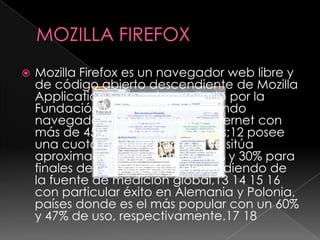 MOZILLA FIREFOXMozilla Firefox es un navegador web libre y de código abierto descendiente de Mozilla Application Suite y desarrollado por la Fundación Mozilla.11 Es el segundo navegador más utilizado de Internet con más de 450 millones de usuarios;12 posee una cuota de mercado que se sitúa aproximadamente entre el 19% y 30% para finales de junio de 2011, dependiendo de la fuente de medición global,13 14 15 16 con particular éxito en Alemania y Polonia, países donde es el más popular con un 60% y 47% de uso, respectivamente.17 18