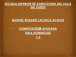 ESCUELA SUPERIOR DE AGRICULTURA DEL VALLE
                DEL FUERTE



    MANUEL ROSARIO LACHICA AVALOS

        COMPUTACION APLICADA
          ISELA DOMINGUEZ
                 1-2
 