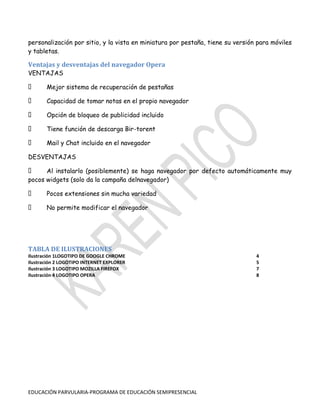personalización por sitio, y la vista en miniatura por pestaña, tiene su versión para móviles
y tabletas.

Ventajas y desventajas del navegador Opera
VENTAJAS


Mejor sistema de recuperación de pestañas



Capacidad de tomar notas en el propio navegador



Opción de bloqueo de publicidad incluido



Tiene función de descarga Bir-torent



Mail y Chat incluido en el navegador

DESVENTAJAS

Al instalarlo (posiblemente) se haga navegador por defecto automáticamente muy
pocos widgets (solo da la campaña delnavegador)


Pocos extensiones sin mucha variedad



No permite modificar el navegador

TABLA DE ILUSTRACIONES
Ilustración 1LOGOTIPO DE GOOGLE CHROME
Ilustración 2 LOGOTIPO INTERNET EXPLORER
Ilustración 3 LOGOTIPO MOZILLA FIREFOX
Ilustración 4 LOGOTIPO OPERA

EDUCACIÓN PARVULARIA-PROGRAMA DE EDUCACIÓN SEMIPRESENCIAL

4
5
7
8

 