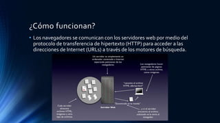 ¿Cómo funcionan?
• Los navegadores se comunican con los servidores web por medio del
protocolo de transferencia de hipertexto (HTTP) para acceder a las
direcciones de Internet (URLs) a través de los motores de búsqueda.
 