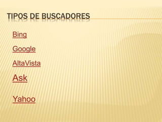 TIPOS DE BUSCADORES
AltaVista
Ask
Bing
Google
Yahoo
 