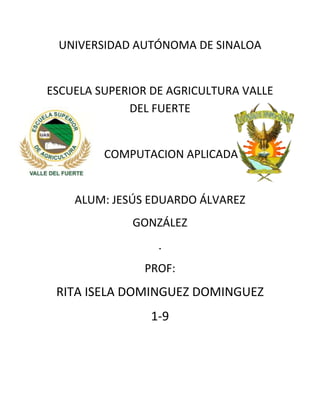 UNIVERSIDAD AUTÓNOMA DE SINALOA


ESCUELA SUPERIOR DE AGRICULTURA VALLE
             DEL FUERTE


         COMPUTACION APLICADA


    ALUM: JESÚS EDUARDO ÁLVAREZ
              GONZÁLEZ
                  .
               PROF:
 RITA ISELA DOMINGUEZ DOMINGUEZ
                 1-9
 