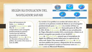 SEGÚN SU EVOLUCION DEL
NAVEGADOR SAFARI
Antes del lanzamiento de
Safari, Apple incluía el
navegador Internet Explorer para
Mac de Microsoft a sus
computadoras como navegador
predeterminado.La primera
versión beta de Safari fue
presentada en la exposición
Macworld el 7 de enero de 2003 y
fue liberada en forma de beta
pública. Su versión 1.0 se lanzó en
junio de 2003.
La versión 1.1 se publicó en octubre del mismo año y se
convirtió en la primera versión de Safari en ser el navegador
predeterminado para Mac OS X.La versión 2.0 hizo su
aparición el 29 de abril de 2005 formando parte de Mac OS
X v10.4. El día 31 de octubre de 2005, en una actualización
de Tiger, liberada la versión 2.0.2, convirtiendo a Safari en el
primer navegador que pasaba el test Acid2.El 9 de
enero de 2007, Steve Jobs anunció que el smartphone de
Apple Inc.(IPhone) usaría Safari para la exploración de
sitios web. Safari 3 fue anunciado el 11 de junio de 2007 y
una beta pública fue puesta a disposición de los usuarios,
siendo esta la primera versión en funcionar tanto en Mac
OS X como en Microsoft Windows.
 