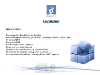 RECURSOS HUMANOS: Dinamizador Guadalinfo de Iznájar Personal Ayuntamiento (Juventud, Deportes, Radio Iznájar, etc.) Técnico ALPE Técnica CADE Técnica Andalucía Orienta Empresarios/as turísticos Empresarios/as hostelería y restauración Miembros de asociaciones, peñas y clubes Resto de dinamizadores colaboradores del Proyecto 