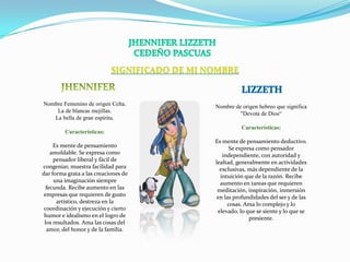 SIGNIFICADO DE MI NOMBRE


Nombre Femenino de origen Celta.               Nombre de origen hebreo que significa
    La de blancas mejillas.                             "Devota de Dios“
   La bella de gran espíritu.
                                                         Características:
         Características:
                                               Es mente de pensamiento deductivo.
     Es mente de pensamiento                         Se expresa como pensador
    amoldable. Se expresa como                    independiente, con autoridad y
     pensador liberal y fácil de               lealtad, generalmente en actividades
congeniar, muestra facilidad para                exclusivas, más dependiente de la
dar forma grata a las creaciones de              intuición que de la razón. Recibe
     una imaginación siempre                     aumento en tareas que requieren
  fecunda. Recibe aumento en las                meditación, inspiración, inmersión
 empresas que requieren de gusto                en las profundidades del ser y de las
      artístico, destreza en la                     cosas. Ama lo complejo y lo
 coordinación y ejecución y cierto              elevado, lo que se siente y lo que se
 humor e idealismo en el logro de                            presiente.
 los resultados. Ama las cosas del
  amor, del honor y de la familia.
 